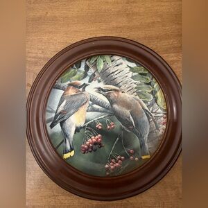Round Framed Bird Art with Red Berries